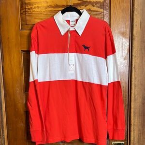 PINK Victoria's Secret Red and White Long-Sleeve Rugby Shirt with Dog Logo